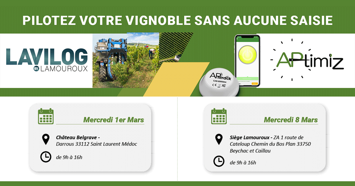 Viticulture connectée ! 2 journées d'ateliers et de démo avec Lavilog et Infaco. Découvrez les dernières innovations technologiques pour l'automatisation de la gestion opérationnelle et de la traçabilité des interventions de votre vignoble. Inscription bit.ly/3XhWUrK