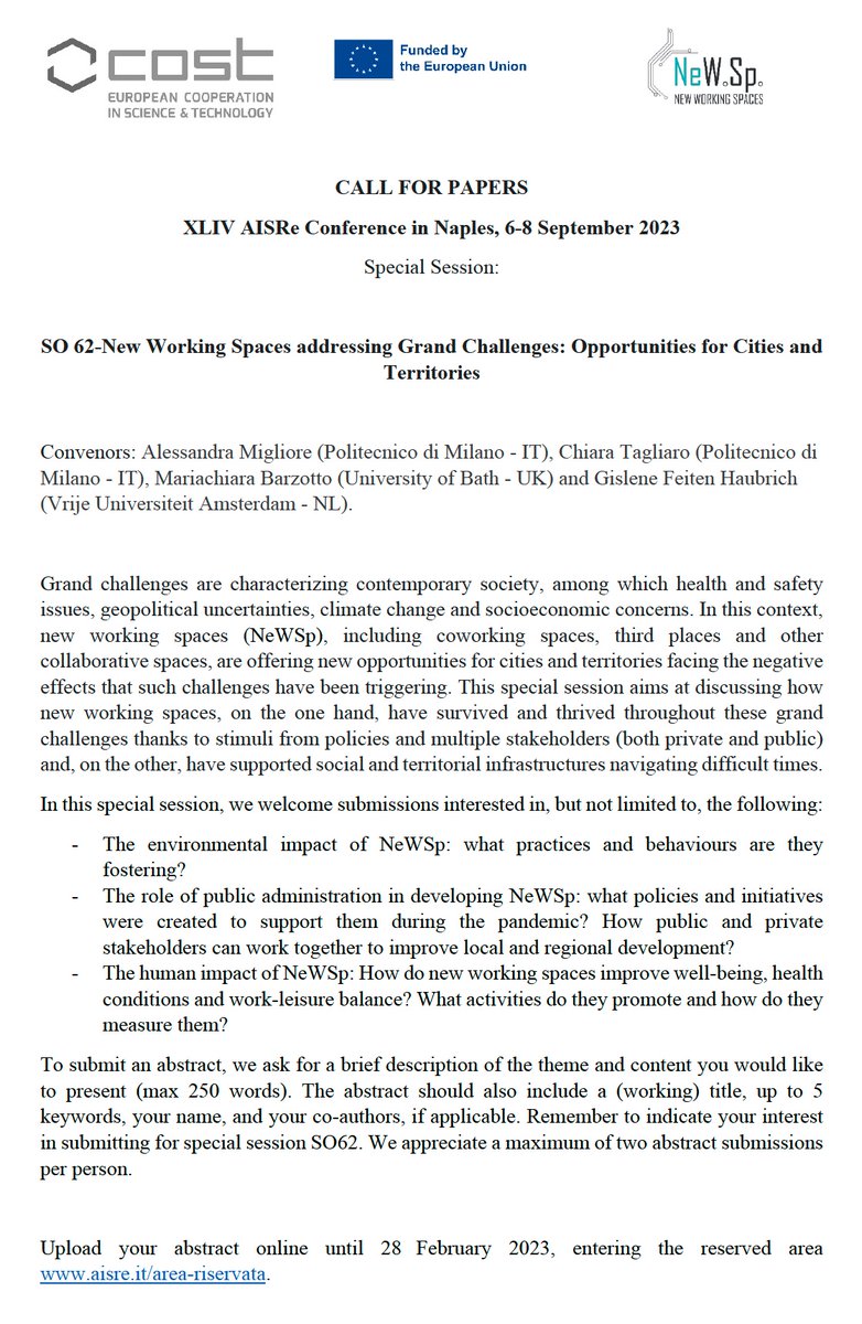 📢 Call for papers #SpecialSession on #NewWorkingSpaces addressing #GrandChallenges: Opportunities for #Cities and #Territories. @SegreteriaAISRe Conference in #Naples. ABSTRACT DEADLINE: Feb 28 @ChiaraTagliaro @Alehamdra #GisleneFeitenHaubrich @NewWorkingSpace