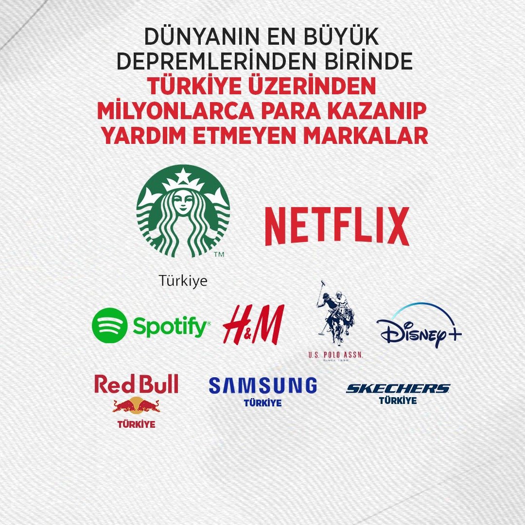 jurnalhabertr's tweet photo. Vatandaşlarımız, Türkiye’de faaliyet gösterip yüksek gelir elde etmesine rağmen deprem için yardım yapmayan büyük markalara tepki gösteriyor. 

@netflixturkiye @StarbucksTR @SpotifyTurkiye @DisneyPlusTR @SamsungTurkiye @RedBullTR https://t.co/ugloLLsRiK