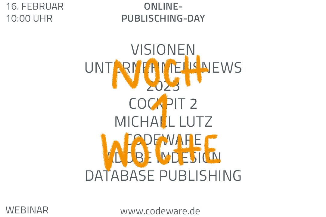 ❗️ In nur einer Woche findet der #OnlinePublischingDay statt. 

Am 16.02. um 10:00 Uhr lädt #CodewareGmbh jeden dazu ein, an diesem tollen #Webinar &amp; Vorstellung unseres brandneuen Produkts teilzuhaben. 

👉 Jetzt anmelden: codeware.de/de/eventsreade…