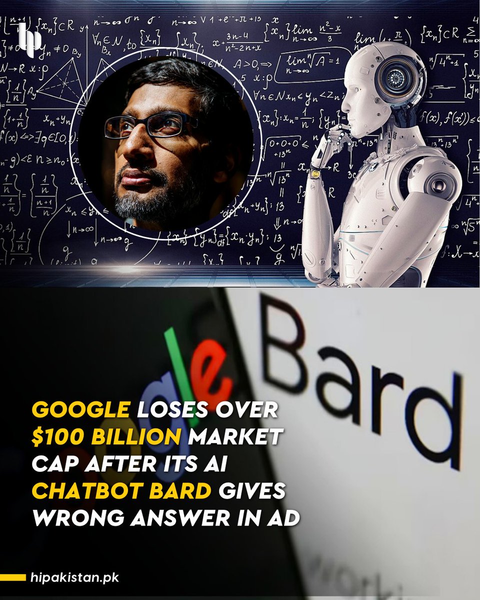 zuqwan's tweet photo. #GoogleAI
Google loses over $100 billion market cap after its AI chatbot Bard gives wrong answer in ad
#sundarpichai #googlechatbot #sundarpichaigoogle #chatbotbard #bard #ai #indiantechnology #googleai #BreakingNews #hipakistan
#GoogleAI
#BabarAzam𓃵
#Zaman_Park
😅 https://t.co/4IpDSaDzBo