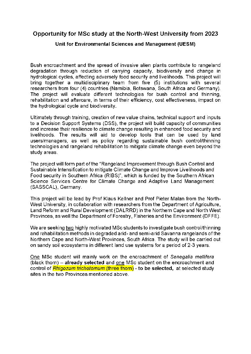 NWU_UESM's tweet photo. Check out this MSc opportunity - Bush Encroachment

#bushencroachment #environmentalscience #botany #NWU #UESM #MSc #MScproject #MScopportunity https://t.co/1vkhfojCFk