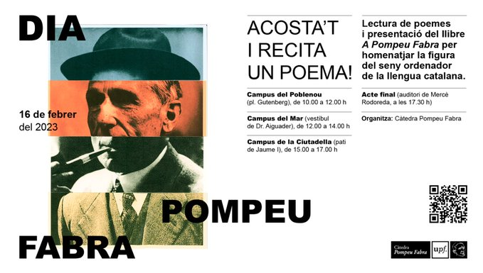 UPFBarcelona's tweet photo. El 16 de febrer celebrarem el Dia Pompeu Fabra, per homenatjar la figura del seny ordenador de la llengua catalana. Estem buscant voluntaris per recitar poemes dedicats al Mestre al campus de Ciutadella i del Mar

Inscripcions👉https://t.co/0vgZUqN7Gy 
@CatedraPF @llenguacatalana https://t.co/Hp5ocPJskB