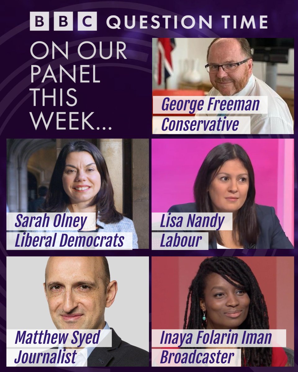 bbcquestiontime's tweet photo. On Question Time tonight, Fiona will be joined by George Freeman, Lisa Nandy, Sarah Olney, Matthew Syed and Inaya Folarin Iman

Join us and an audience from Swindon on @BBCiPlayer from 8pm and on @BBCOne after the 10 o'clock news

#bbcqt https://t.co/8cus8PaNMw https://t.co/uQZbVlit71