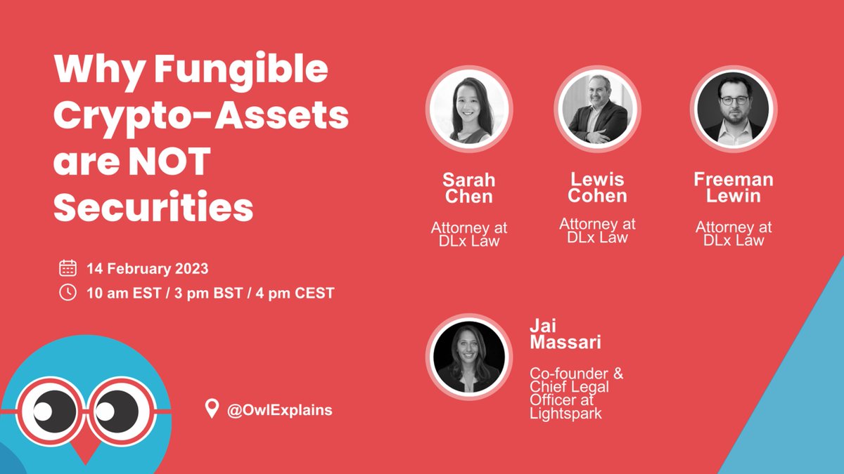 On 14 February, join our hootenanny with <a href="/JaiMassari/">Jai Massari</a>, <a href="/Freeman_Lewin/">Freeman Lewin</a>, <a href="/sarahcwy143/">swchen</a> and <a href="/NYcryptolawyer/">Lewis Cohen</a> to discuss why fungible cryptoassets are not securities 🥳

It promises to be an amazing event, so fly to the link below and set a reminder now! 

➡️ x.com/i/spaces/1yoKM…