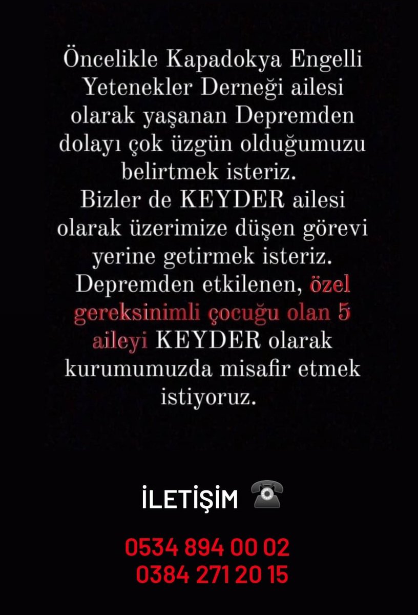 Keyderlpa16's tweet photo. Öncelikle Kapadokya Engelli Yetenekler Derneği ailesi olarak yaşanan Depremden dolayı çok üzgün olduğumuzu belirtmek isteriz. Depremden etkilenen özel gereksinimli çocuğu olan 5 aileyi KEYDER olarak kurumumuzda misafir etmek istiyoruz.
#depremden
#depremzede 
#DEPREMYARDIM https://t.co/XYaz8h5uD5