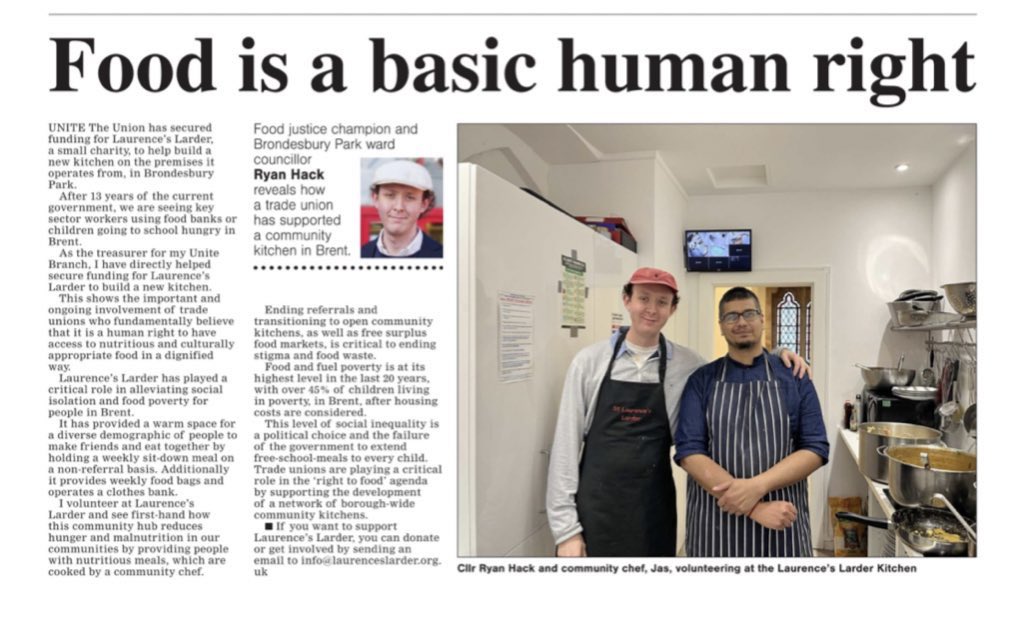 The Trade Union Movement are stepping up to tackle rising food poverty in #Brent ✊🏻

I’ve been working with <a href="/unitetheunion/">Unite the union: join a union</a> to raise funds for <a href="/StLaurencesNW6/">Laurence's Larder</a> to build a new kitchen on the premises it operates from, in my ward Brondesbury Park.

Read my latest <a href="/bktimes/">Brent & Kilburn Times</a> column👇🏻🗞