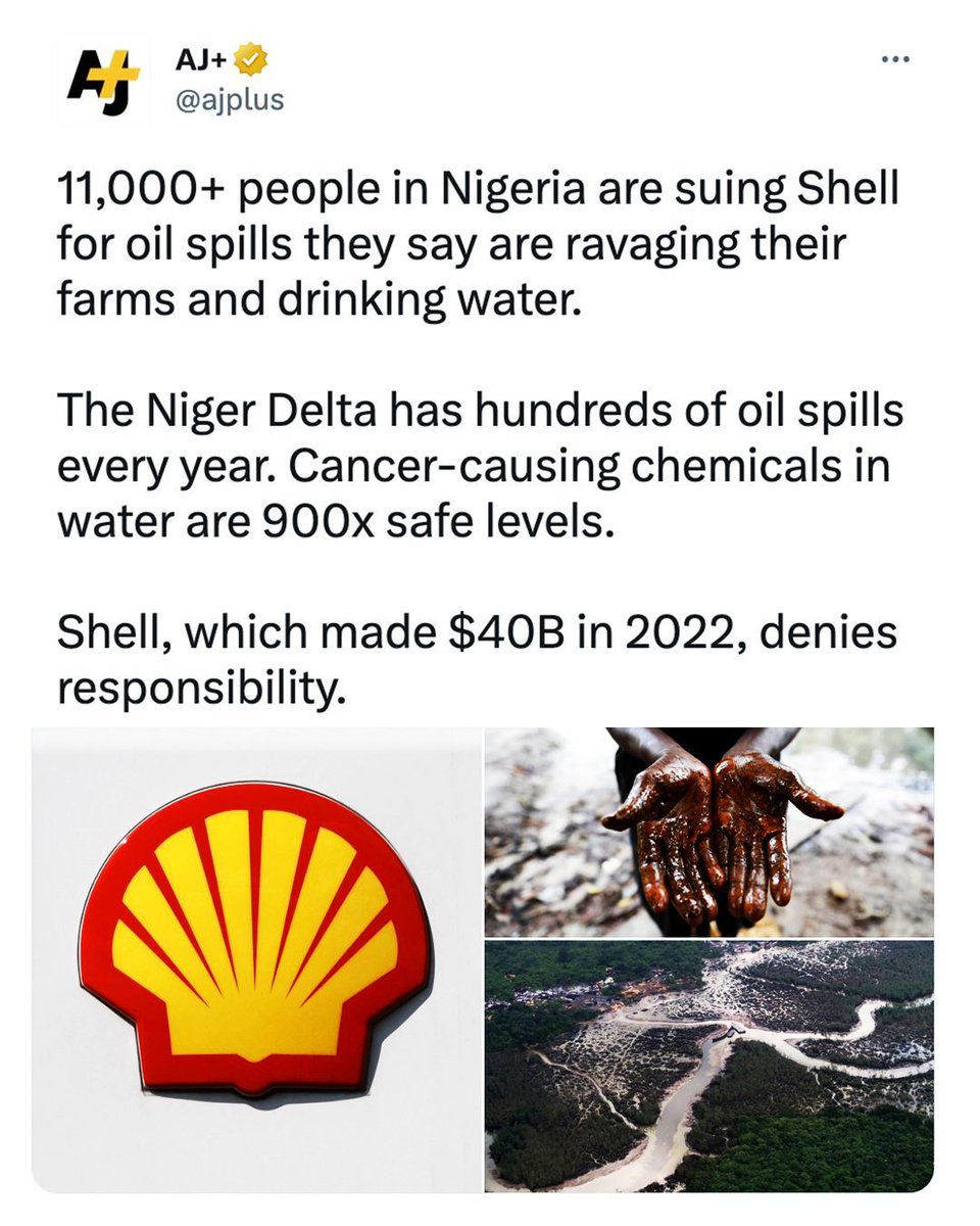 Greenpeace's tweet photo. "There are literally hundreds of communities that have been impacted by Shell's oil pollution and could seek to bring legal claims against Shell."⁠

https://t.co/g0kU0KCccD

#MakeShellPay https://t.co/XNIotjnxQf