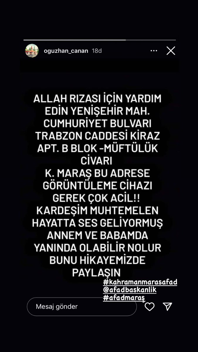 Kuzenimden ses geliyormuş nolur yardım edin. Arkadaşlar Maraş’ta etiketleyebileceğiniz yerler etiketler misiniz ? Biz haberleri zor takip ediyoruz beynimiz durdu şoktan çıkamadık  hâlâ artçılar yaşıyoruz şu an beklediğimiz güzel bir haber...
