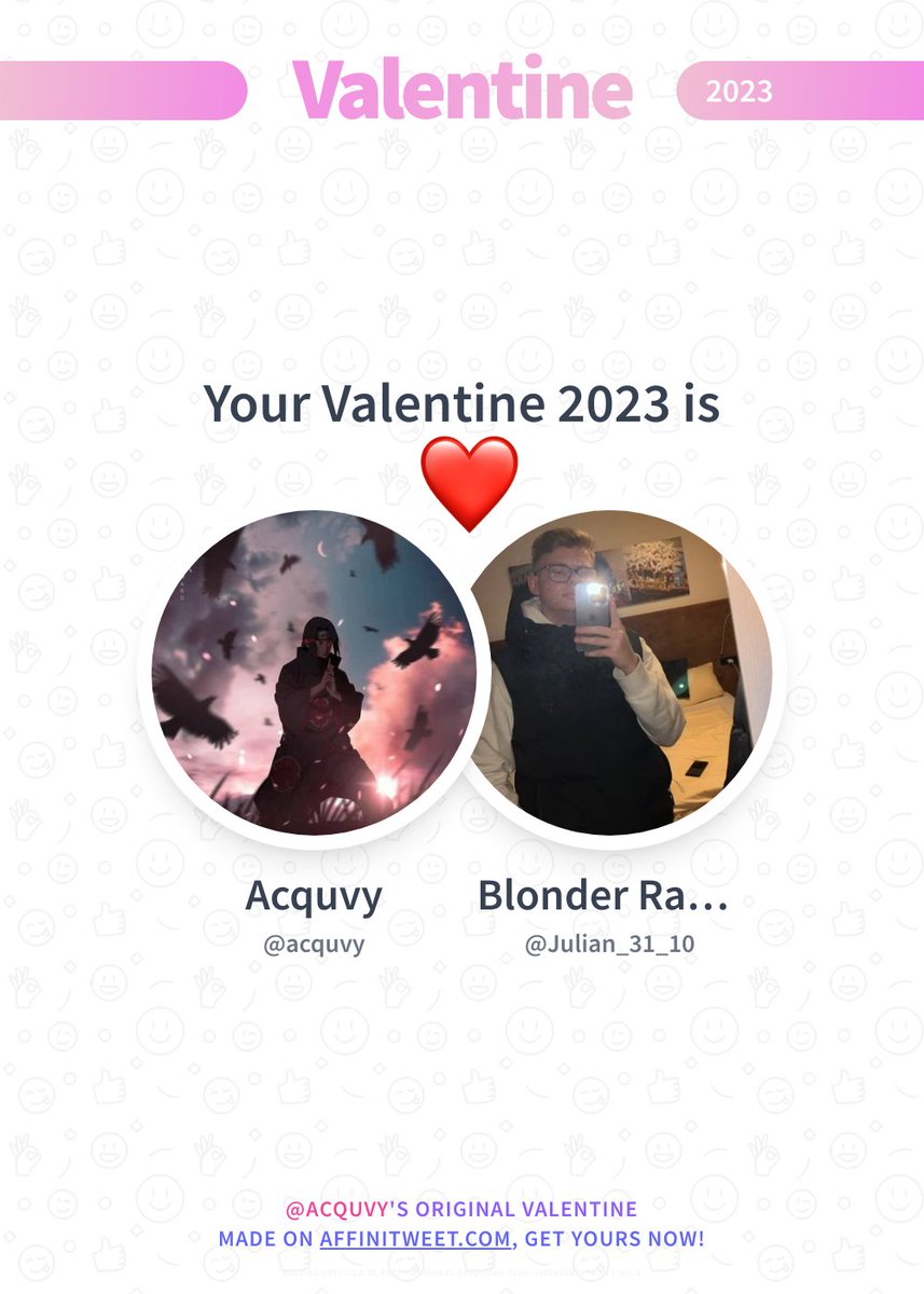 ✨ Valentine 

This year you're mine Julian_31_10! ❤️
And you, whom will be yours?

➡️ affinitweet.com/valentine
