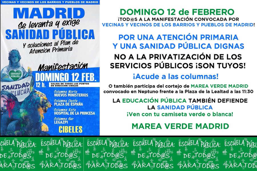 tetuaneres's tweet photo. Desde nuestra Plataforma apoyamos la movilización convocada este domingo en defensa de la #SanidadPública en la Comunidad de #Madrid 
Únete a la columna de tu barrio o acude al punto de encuentro de #MareaVerde en Neptuno, frente Pza. Lealtad a las 11:30 h.
#ServiciosPúblicos https://t.co/wzMYriXBu0