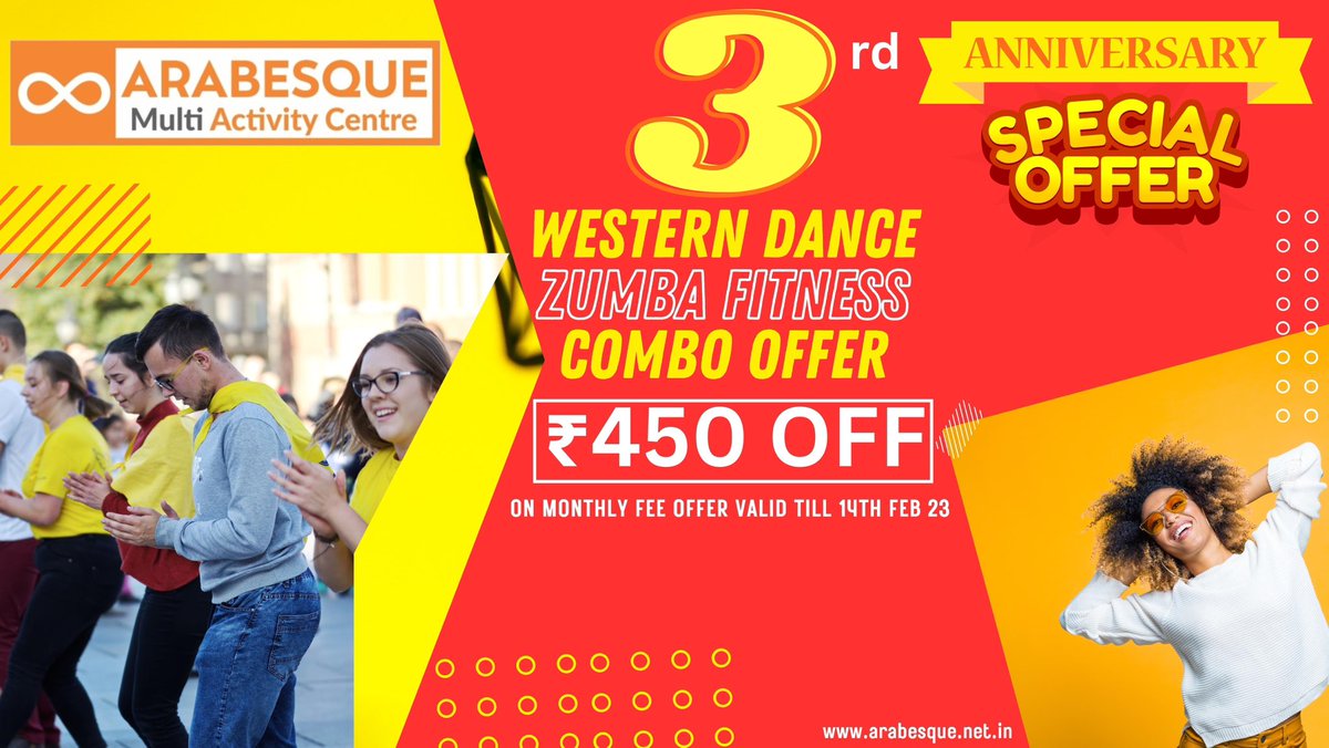arabesque_mac's tweet photo. || ARABESQUE MULTI ACTIVITY CENTRE ||
.
.
.

3rd Anniversary Offer
WESTERN DANCE &amp; ZUMBA FITNESS COMBO PACKAGE ₹450 OFF ON MONTHLY FEE. Offer Valid Till 14th February 23.
.
.
.
Book Your Spot Today.
.
.
.
Call For More Information: 9051313169 | 8240452945 https://t.co/r0nJfK96S9