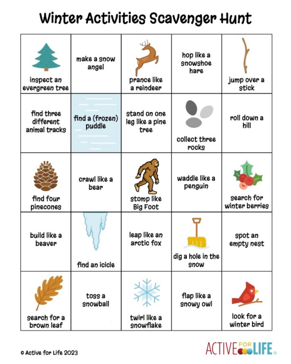 This winter activities scavenger hunt is a fun way to get kids outside and exploring winter changes, as well as practicing fundamental movement skills along the way. 

Download and print this free resource here: activeforlife.com/winter-activit…