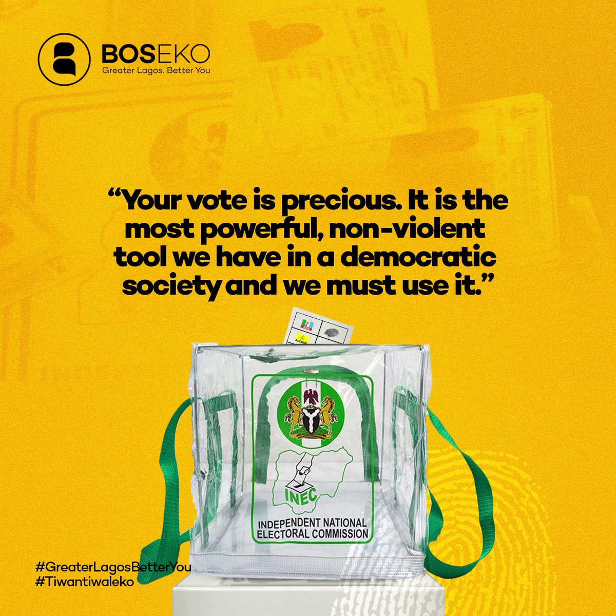 0CCE_LASG's tweet photo. Don't say my vote doesn't count and stay indoors when it's time to vote. Come out and do your civic duty.
#BOSEKO #GreaterLagosBetterYou
#Tiwantiwaleko https://t.co/Y70fmWt6GL