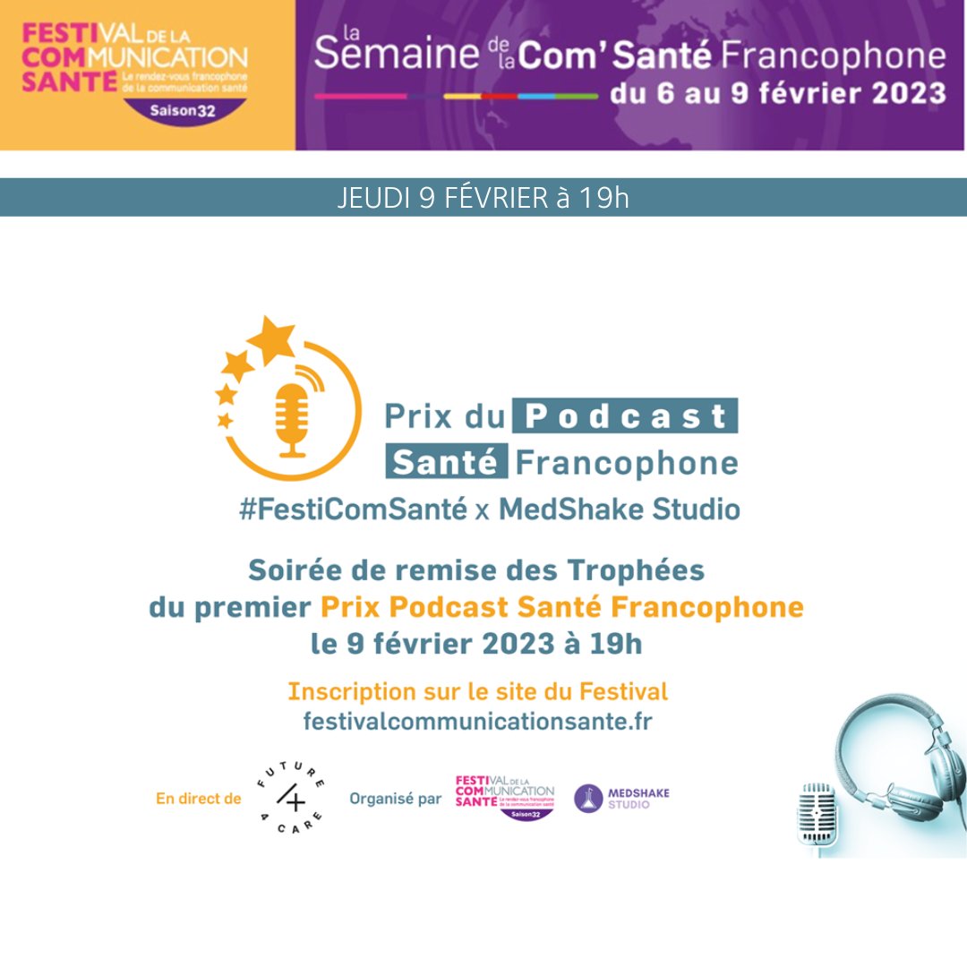 📆RDV ce soir dès 19h pour la remise des Prix du #Podcast #Santé #Francophone 
<a href="/medshakestudio/">MedShake Studio</a> X #festicomsanté 
 ! #podcastsante #podcast 
En direct sur la page d'accueil de notre site web !
#festicomsante #sante #communication