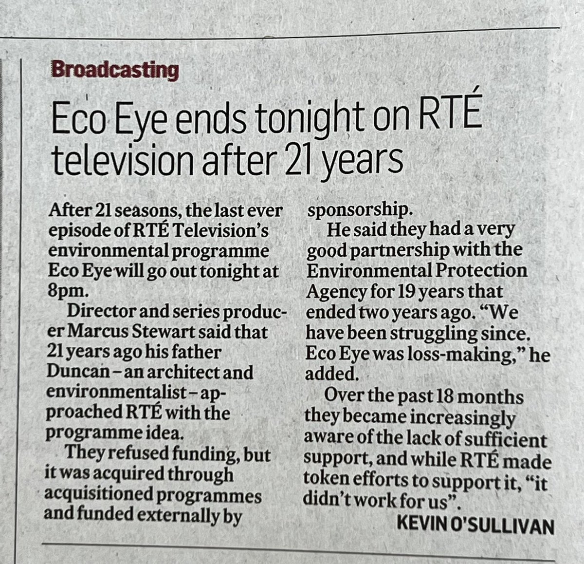 Dreadful news as, in teeth of #ClimateEmergency, Ireland’s only ecology show, <a href="/EcoEye/">Earth Horizon Productions</a> has its final broadcast this evening

Guess <a href="/rte/">RTÉ</a> is too committed to funding light entertainment, chat &amp; reality TV to bother paying for quality environmental broadcasting