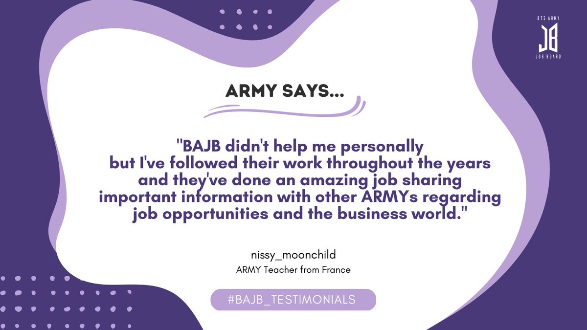 BTSARMYJobBoard's tweet photo. We hope we can help more ARMYs find employment and we can only do that with the help of the #BTSARMY through RTing and tagging friends who might need the info we post π
#BAJB_Testimonials π https://t.co/SLcWdXKzDE