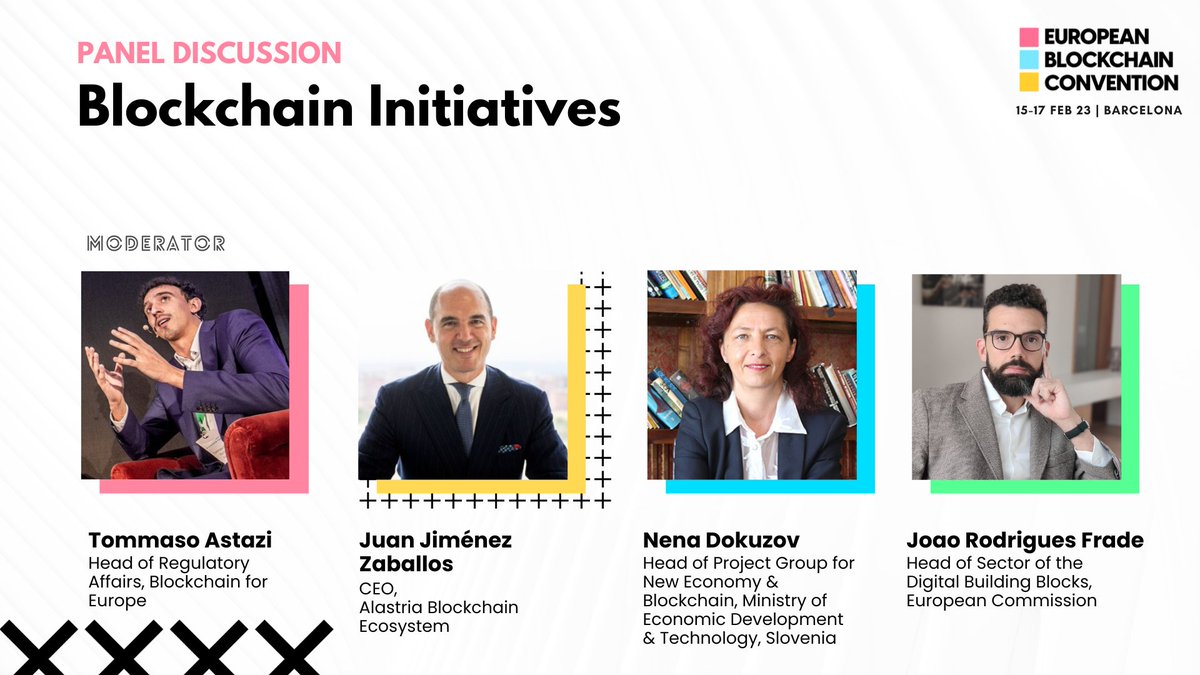 European Blockchain Convention (@eblockchaincon) on Twitter photo A warm welcome to our #EBC23 speakers for the panel “Blockchain Initiatives!”
📅 Feb 17, 16:40 PM
🎙️Speakers
<a href="/tommasoastazi/">Tommaso Astazi</a>, <a href="/BlockchainforEU/">Blockchain for Europe</a>
Juan Jiménez Zaballos, <a href="/Alastria_/">Alastria Blockchain Ecosystem</a>
<a href="/nenadokuzov/">Nena</a>, Ministry of Economic Development and Technology, Slovenia
<a href="/fradester/">Joao Rodrigues Frade</a>, <a href="/EU_Commission/">European Commission</a> A warm welcome to our #EBC23 speakers for the panel “Blockchain Initiatives!”
📅 Feb 17, 16:40 PM
🎙️Speakers
<a href="/tommasoastazi/">Tommaso Astazi</a>, <a href="/BlockchainforEU/">Blockchain for Europe</a>
Juan Jiménez Zaballos, <a href="/Alastria_/">Alastria Blockchain Ecosystem</a>
<a href="/nenadokuzov/">Nena</a>, Ministry of Economic Development and Technology, Slovenia
<a href="/fradester/">Joao Rodrigues Frade</a>, <a href="/EU_Commission/">European Commission</a>