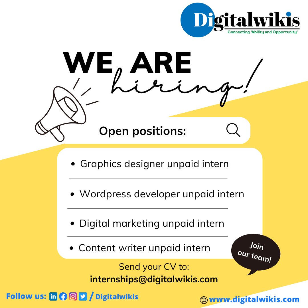DigitalWikis's tweet photo. We are hiring unpaid interns for below positions

https://t.co/dMhZEjPWhy designer unpaid intern
2.Wordpress developer unpaid intern
https://t.co/UOJqiHlpy4 marketing unpaid intern
4.Content writer unpaid intern

Interested candidates send your CV at internships@digitalwikis.com https://t.co/O2Ls2libxF