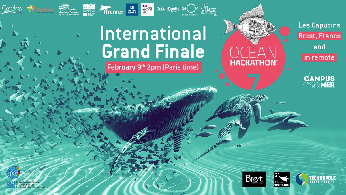 📣 Grande Finale internationale Ocean Hackathon® #7, aujourd'hui de 14h à 18h !
Ce concours international de pitchs réunira les lauréats des 12 éditions locales de Ocean Hackathon®. Ils auront 8 min pour séduire le jury.
Assistez en direct ➡️youtube.com/watch?v=Ybh5Q6…
