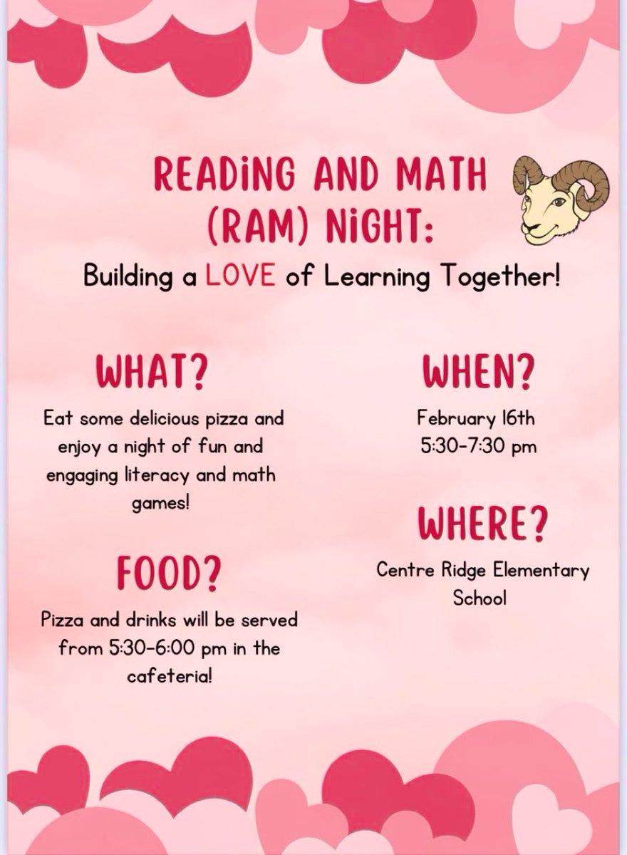 ONE week from today! February 16: 5:30-7:30! Come meet your teachers, eat pizza and play games with us!!! @centreridgees