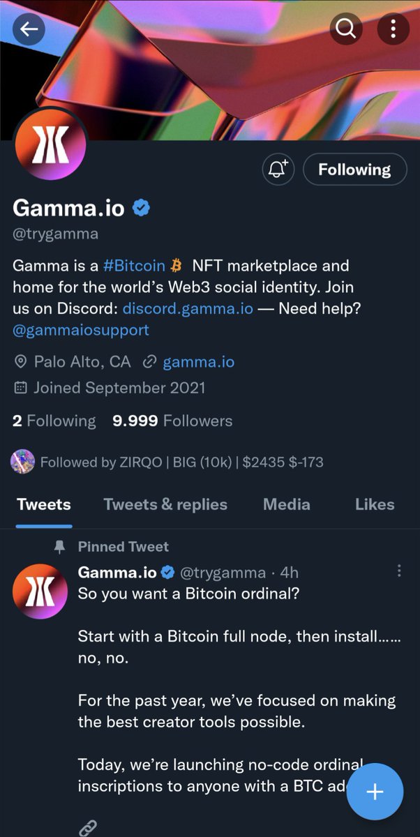 Just some proof that I was early to Bitcoin NFTs. Follower 9.999 ✅
<a href="/trygamma/">Gamma.io</a> 

Still prefer Churros.