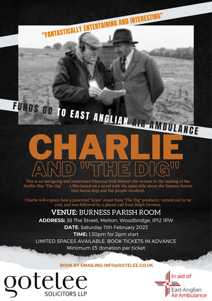 gotelee's tweet image. A reminder that this popular event is happening this Saturday. If you want to attend still and haven't booked your tickets, there are a handful left. Please email info@gotelee.co.uk to reserve your tickets. 

#sellingfast
#TheDig
#RalphFiennes