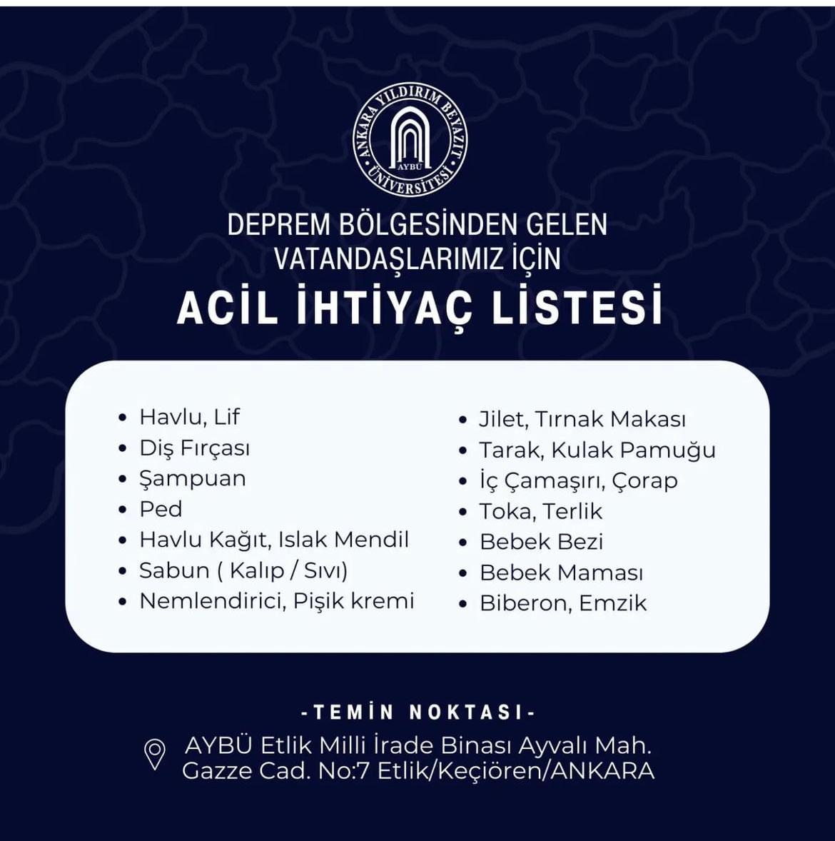 Acil ihtiyaç malzemelerini deprem bölgesinden gelen vatandaşlarımıza göndermek isteyenlerin ihtiyaç listesindeki malzemeleri Üniversitemize ulaştırması önemle rica olunur.
#deprem