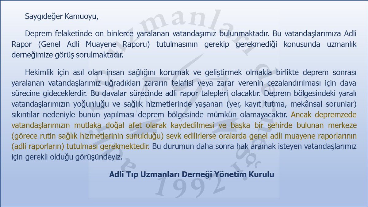 Depremzedelerin Genel Adli Muayene Raporları (Adli Raporları) hakkında bilgilendirme:
Depremzedelerin Adli Raporları tutulmalıdır. İleri süreçte yaşanacak hukuki süreçler için çok önemlidir. 
<a href="/barolar/">Türkiye Barolar Birliği</a> <a href="/ttborgtr/">Türk Tabipleri Birliği</a> <a href="/HatayTabipleri/">HatayTabipOdası</a> <a href="/AdanaTabip/">Adana Tabip Odası</a> @yamantabip <a href="/saglikbakanligi/">T.C. Sağlık Bakanlığı</a>