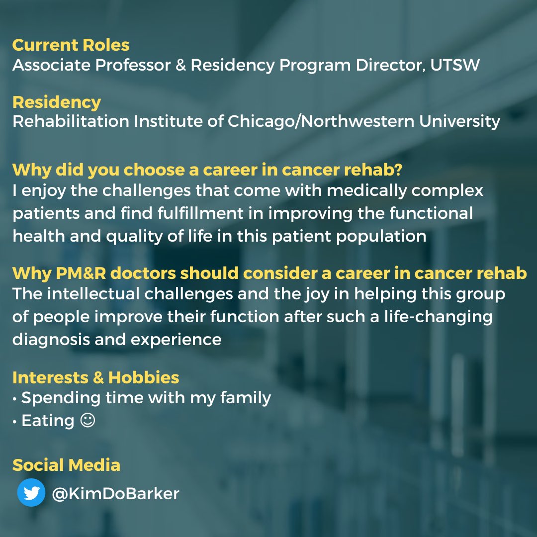 CancerRehabDocs's tweet photo. Say hello to Dr. Kim Barker (@KimDoBarker) in our latest iteration of Cancer Rehab Spotlights! 

Dr. Barker is a cancer rehabilitation specialist and also brings expertise in caring for critically ill patients in the ICU setting. https://t.co/adNzqwATau