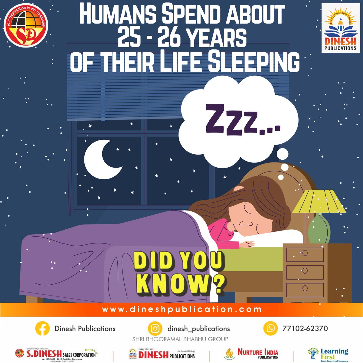 #DidYouKnow How many hours⏰ does the average person #sleep😴 💤? The average person spends about 26 years #sleeping🛌 in their life which equates to 9,490 days or 227,760 hours.

#humanfacts #sciencefacts #dineshpublications #amazingfacts #knowledge #HumanSleep #interestingfacts