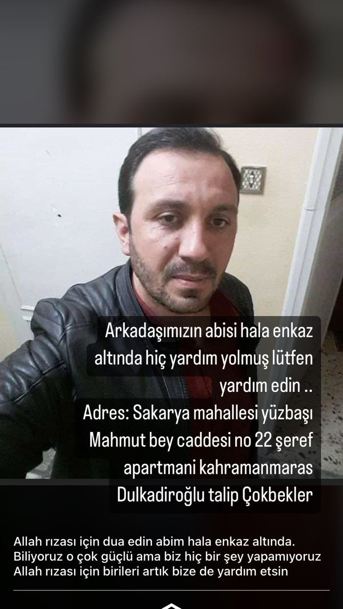 aydinurdan's tweet photo. @ProfDemirtas Sakarya mah. Yüzbaşı Mahmut bey cad. No 22 Şeref Apt Dulkadiroğlu Kahramanmaraş 
İçeride hala enkaz altında TALİP ÇOKBEKLER hala yaşıyor lütfen yardım edin ! +90 (551) 597 65 27 kız kardeşi enkaz başında https://t.co/kDLLNBQlYs
