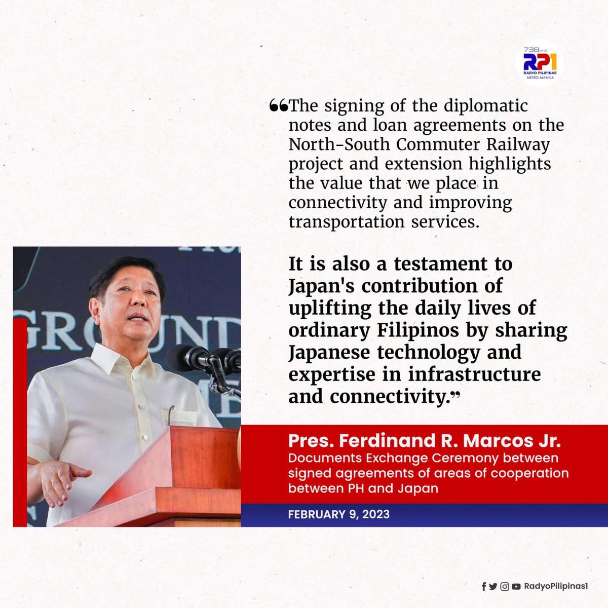 Kinilala naman ni Pangulong Ferdinand R. Marcos Jr. ang kontribusyon at tulong ng Japan sa mga Pilipino sa kanilang pagpapaabot ng tulong sa aspeto ng teknolohiya at kasanayan sa pagtatag ng imprastraktura.

#PBBMJapanVisit