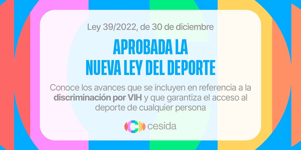 cesida_esp's tweet photo. 👩‍⚖️¡La nueva Ley del Deporte ha sido aprobada! Un avance a favor de la inclusión, introduciendo medidas a favor de la igualdad y contra cualquier tipo de discriminación, haciendo referencia a la discriminación por VIH.

Más info 👉 https://t.co/frnyXBGwpP https://t.co/LxYG0VJ8n3