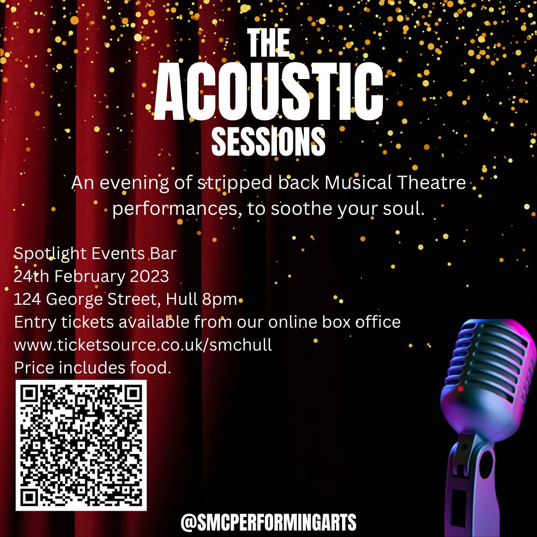 SMCHull's tweet photo. You are invited to our @SMCPerfArts first ‘Acoustic Session’, a stripped-back, soulful, cabaret evening with our Musical Theatre students.
24th Feb, 8pm at #SpotlightEvents
For tickets: https://t.co/P3DDBseFCr
This event will sell out fast, book early to avoid disappointment! https://t.co/GlcZMOTlxn