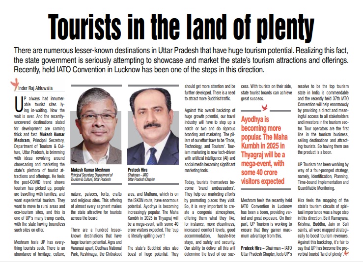 Felt so nice to see my interview quote become the headline of the report published in the current (February-'23 - 1st fortnight) issue of TravTalk magazine -'Tourists in the land of plenty'. #tourism #indiatourism #uttarpradesh