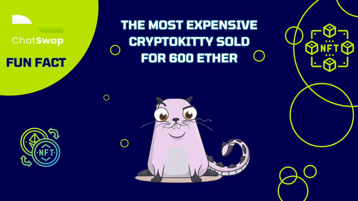 chat_swap's tweet photo. The most expensive CryptoKitty sold for 600 ether.
Someone paid 600 ETH for a CryptoKitty Dragon in 2018. At the time of the transaction, 600 ether was worth approximately $170,000.
#NFT #dragonkitty #ETH #cryptomarket #ChatSwap https://t.co/Ln8CM6xYoW
