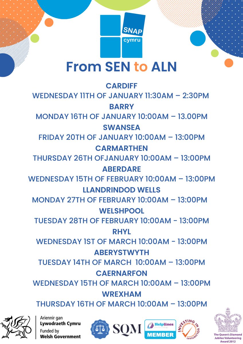 SNAPcymru's tweet photo. Are you a parent or carer wanting to know more about the new Additional Learning Needs (ALN) system in Wales?
If so, come take a look at our FREE events running across Wales!🥳

Reserve your space now through Eventbrite - https://t.co/2HD8xefOt8  

 #SENtoALN #ALN #snapcymru https://t.co/IfzdgVfrhM