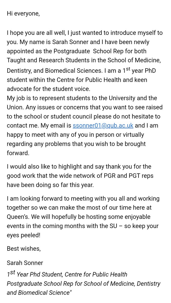 SarahSonnerQUB's tweet photo. Hi all! If any of you are a QUB postgraduate student in the school of Medicine Dentistry and Biomedical Sciences, I am your newly appointed school rep. I have attached the email I requested sent out to all applicable students below for anyone who might have missed it to read. https://t.co/4GUmJYkTFj