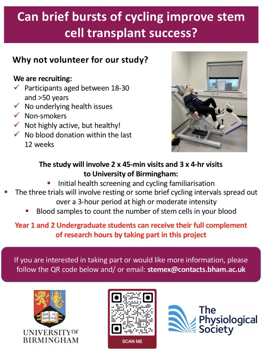 Phoebe (@_phoebecox) on Twitter photo We are recruiting for our study that is investigating whether brief bursts of cycling can improve the harvest of stem cells, with the aim to improve stem cell transplant success. Please contact: stemex@contacts.bham.ac.uk <a href="/UoB_PGR_LES/">LES_Postgraduate_Researchers</a> <a href="/LES_UniBham/">College of Life and Environmental Sciences</a> <a href="/UBSportExR/">UBSportExR</a> <a href="/unibirmingham/">Uni of Birmingham</a> We are recruiting for our study that is investigating whether brief bursts of cycling can improve the harvest of stem cells, with the aim to improve stem cell transplant success. Please contact: stemex@contacts.bham.ac.uk <a href="/UoB_PGR_LES/">LES_Postgraduate_Researchers</a> <a href="/LES_UniBham/">College of Life and Environmental Sciences</a> <a href="/UBSportExR/">UBSportExR</a> <a href="/unibirmingham/">Uni of Birmingham</a>