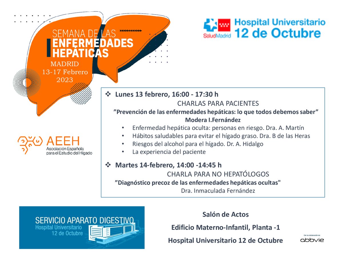 La semana que viene celebramos en Madrid la Semana de las Enfermedades Hepáticas. ¡Desde el H.U.12 de Octubre os invitamos a participar en las actividades que tenemos preparadas! <a href="/AEEHLiver/">Asociación Española para el Estudio del Hígado</a> 
#SemanaHepato #LiverTwitter