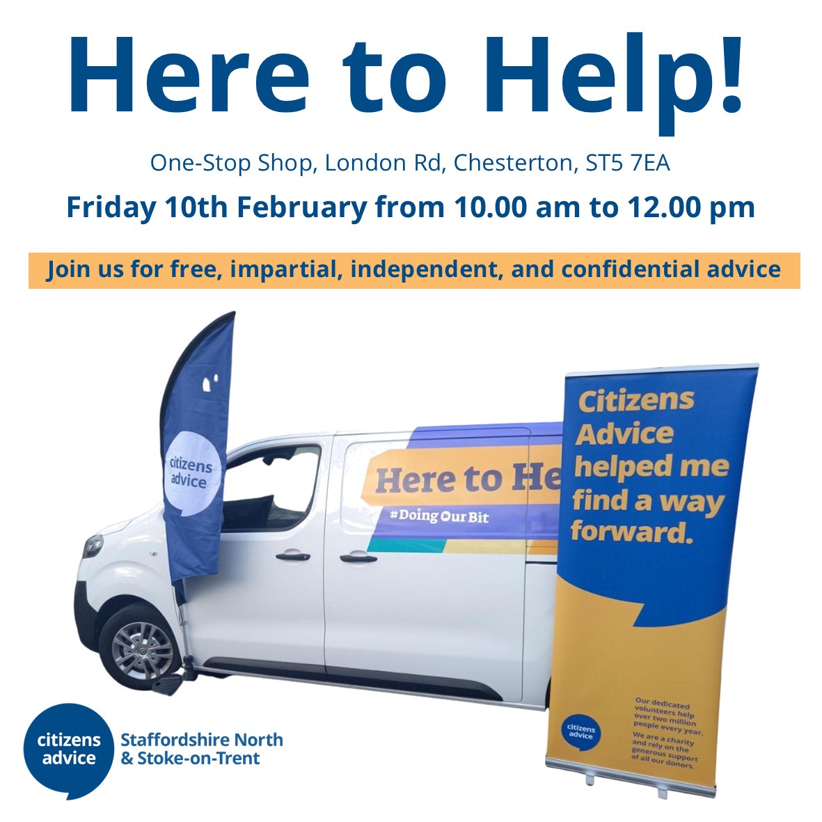 SNS_CAB's tweet image. We&apos;re taking the #HereToHelpVan to Chesterton One-Stop Shop on Friday 10th February.

Join us from 10am for free, confidential advice on anything from benefits to energy saving.

#HereToHelpHub #DoingOurBit #benefits #energy #advice #energysaving