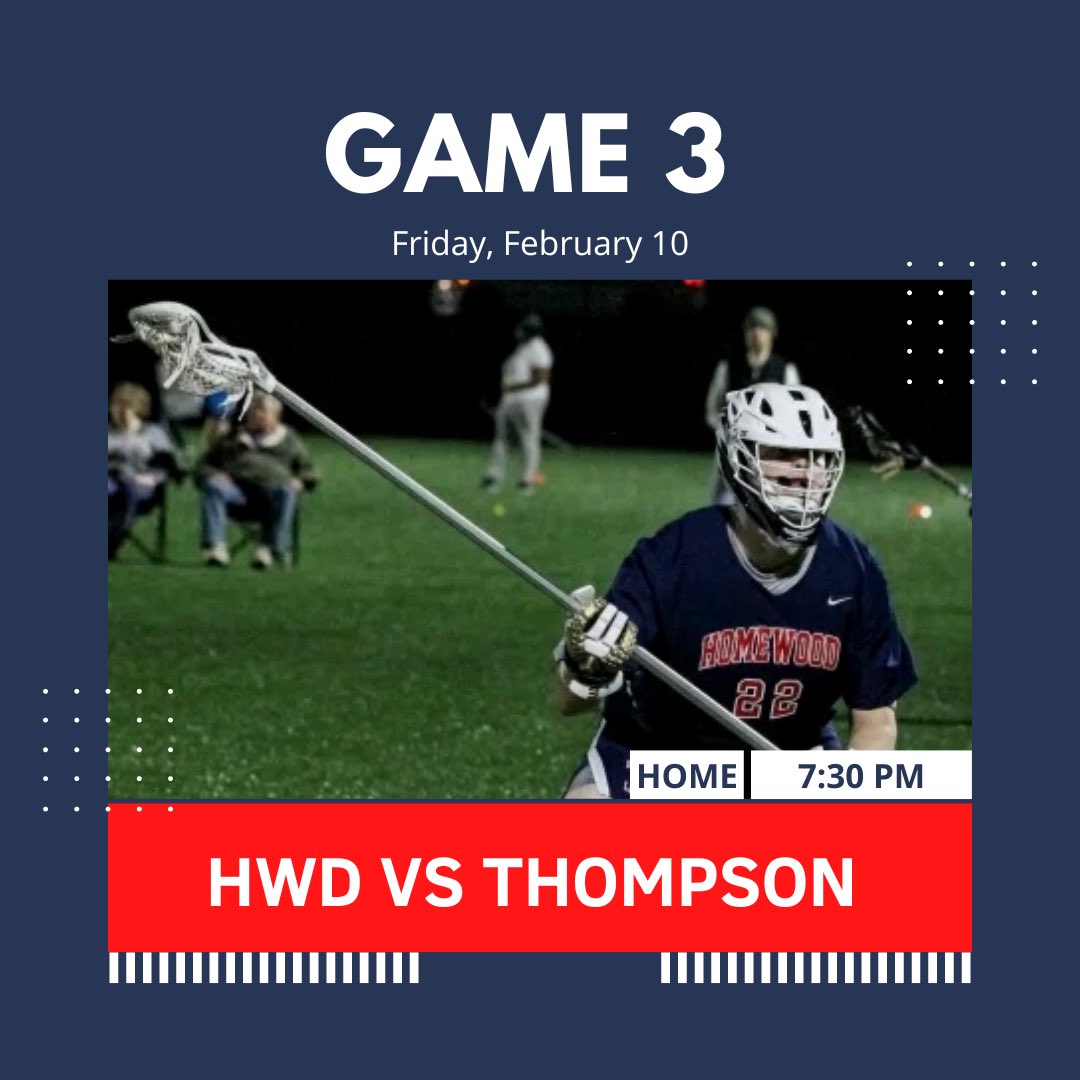 Big opportunity tomorrow night. We are looking forward to welcoming Thompson HS to Mega Field! Come cheer on your Patriots at 7:30pm. #HWDLAX #BringtheJuice <a href="/PrepsNet/">PrepsNet</a> <a href="/BhamLax/">GBYLA</a> <a href="/laxrankings/">Laxnumbers</a> <a href="/Dixie_Lax_Talk/">Dixie Lax Talk</a> <a href="/hwdstar/">The Homewood Star</a> <a href="/HWDAthletics/">Homewood Athletics</a>