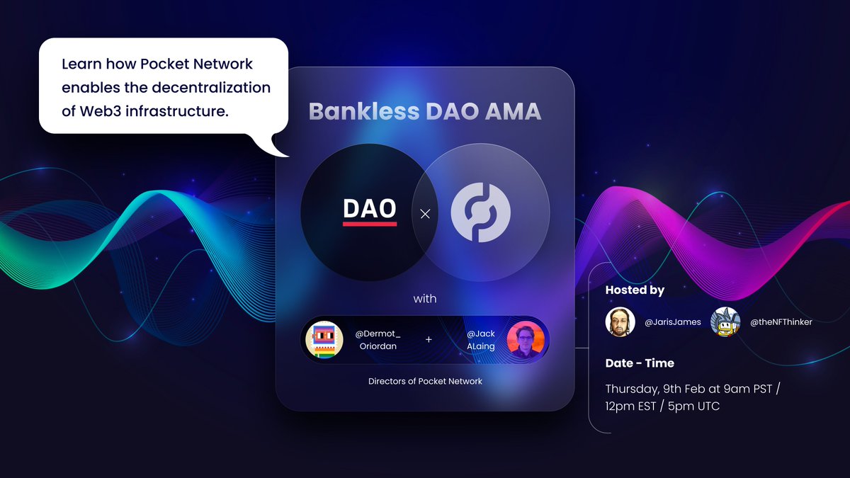 _SendNodes_'s tweet image. Learn how @POKTnetwork enables the decentralization of Web3 infrastructure.

@banklessDAO AMA with @Dermot_Oriordan and @JackALaing, Directors of Pocket Network

Hosted by @JarisJames &amp;amp; @theNFThinker

Thursday, 9th of Feb at 9am PST / 12pm EST / 5pm UTC

Starting in 5 hours $Pokt