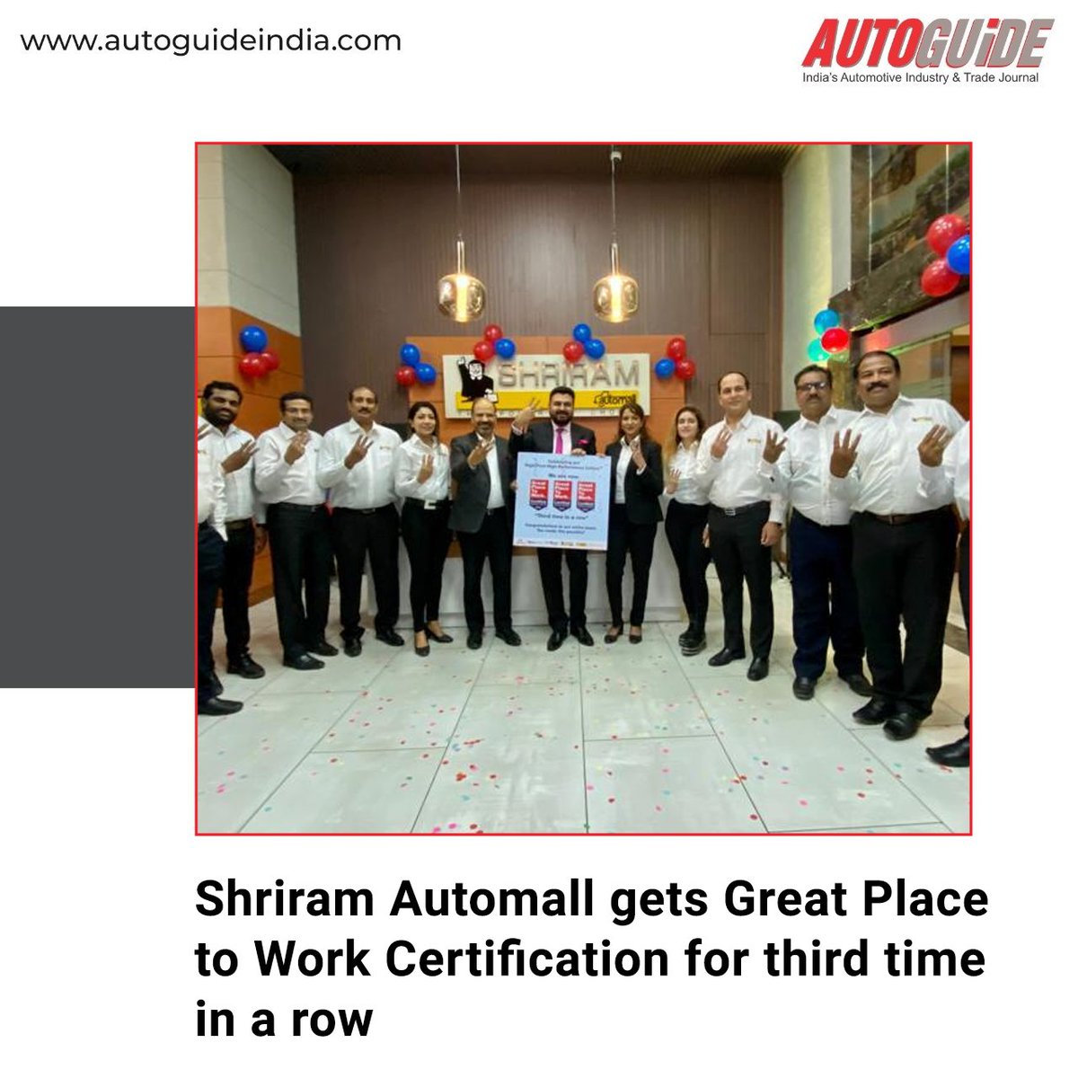 lnkd.in/dU73YPUH
Shriram Automall India Limited India’s Largest Phygital Marketplace for used Vehicles and Equipment has been recognised as Great Place to Work Institute Certified Company 
Read the full article on the website, the link is mentioned on top.
#shriramautomall