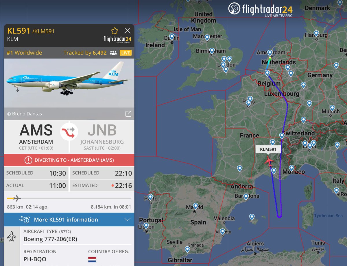 flightradar24's tweet photo. KLM flight #KL591 is squawking 7700 (emergency) and is returning to Amsterdam.
Reason is currently unknown
https://t.co/BEWG8OHSSd https://t.co/zypL3ie0Iw