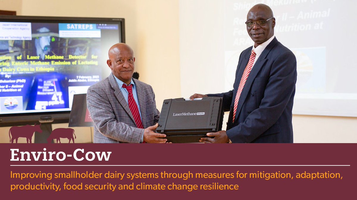 Okeyo Mwai formally hands over a Laser Methane Detection device to Alemayehu Mekonnen, State Minister Advisor <a href="/MoA_Ethiopia/">Ministry of Agriculture Ethiopia</a> at the #EnviroCow launch, saying he hopes other countries in #Africa will follow #Ethiopia's example to reduce emissions while raising cattle productivity.