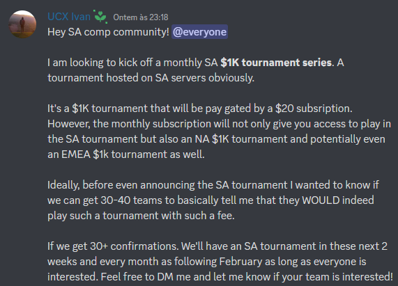 tur0gh's tweet photo. Oportunidade de campeonato mensal de 1k dol, apenas pro SA. Vc paga uma taxa de 20 dol e pode jogar o camp do NA e da EMEA também. Vale a pena, nossa região precisar de outros camps além da PL, senão vamos sempre estar dois passos atrás. Tem interesse? Manda dm pro UCX Ivan#5354. https://t.co/IIuwvdrAIn