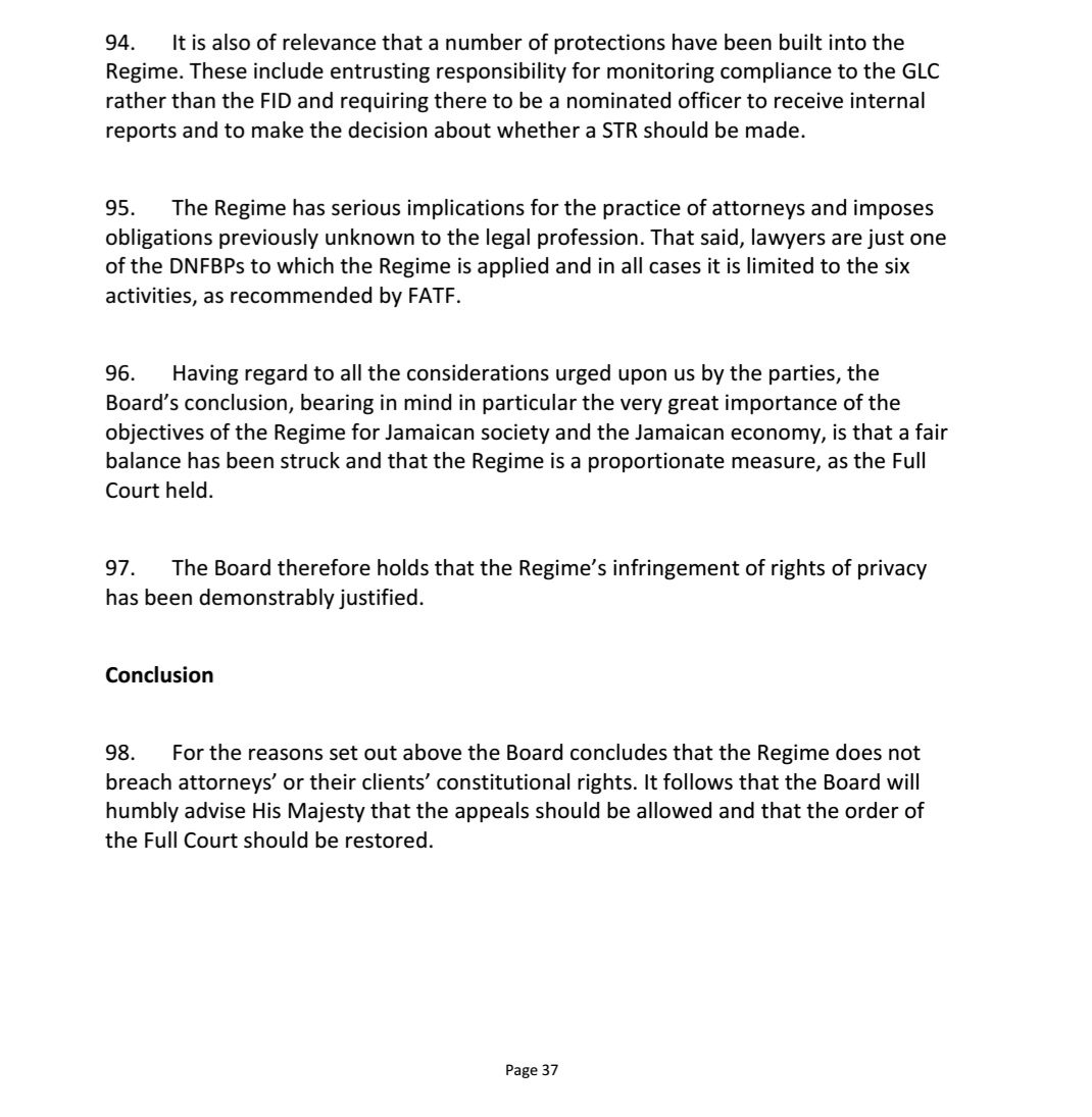 AbkaFitzHenley's tweet image. #JUST_IN: The Privy Council has overturned a ruling from the Appeal Court in JA that 2013 amendments to the Proceeds of Crime Act (POCA) which impose a reporting requirement on lawyers in relation to suspected money laundering breach constitutional rights of lawyers &amp;amp; clients.