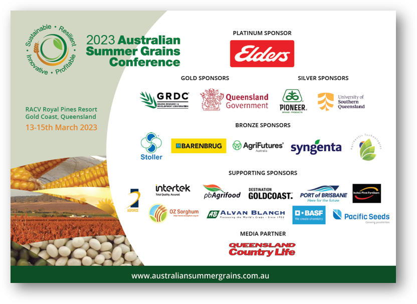 Thank you to the sponsors of the <a href="/AustSummerGrain/">Australian Summer Grains Conference</a> for your valued support for the upcoming conference especially our majors <a href="/EldersLimited/">Elders</a> <a href="/theGRDC/">GRDC</a> @DAFQld <a href="/pioneerseedsau/">Pioneer Seeds - Australia</a> <a href="/discoverUSQ/">USQ</a> @StollerAu <a href="/BarenbrugAUS/">Barenbrug Australia</a> <a href="/AgriFuturesAU/">AgriFutures Australia</a> <a href="/SyngentaANZ/">Syngenta ANZ</a> @agriventis